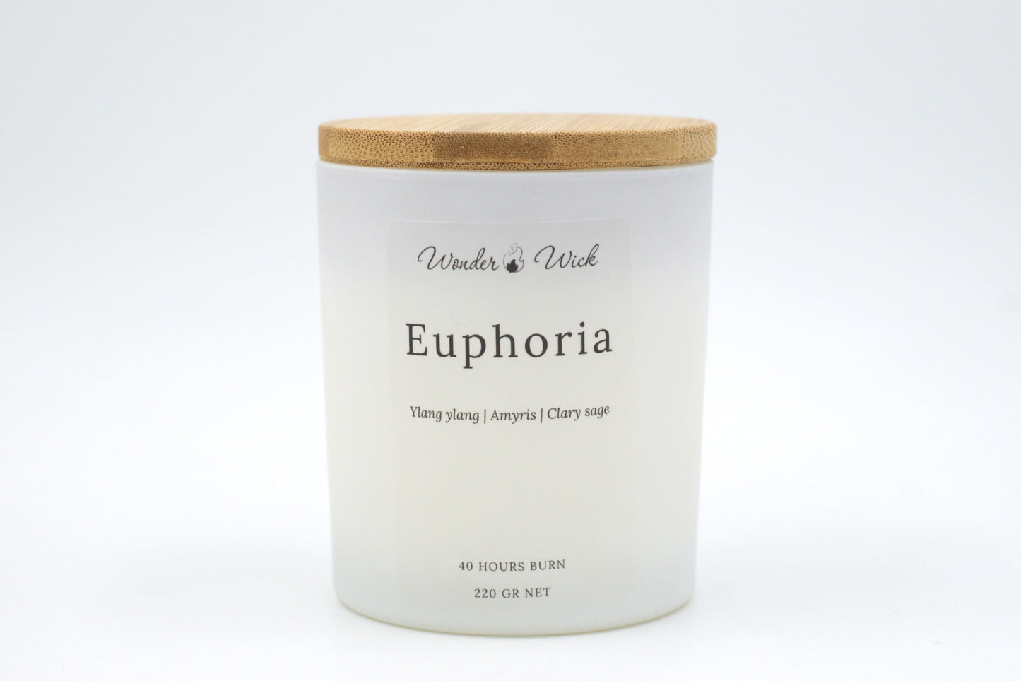 Euphoria candle in 300 ml white matte glass jar with bamboo lid on, a romantic floral candle ideal for relaxation or date night ambiance with a 40 hour burn time.