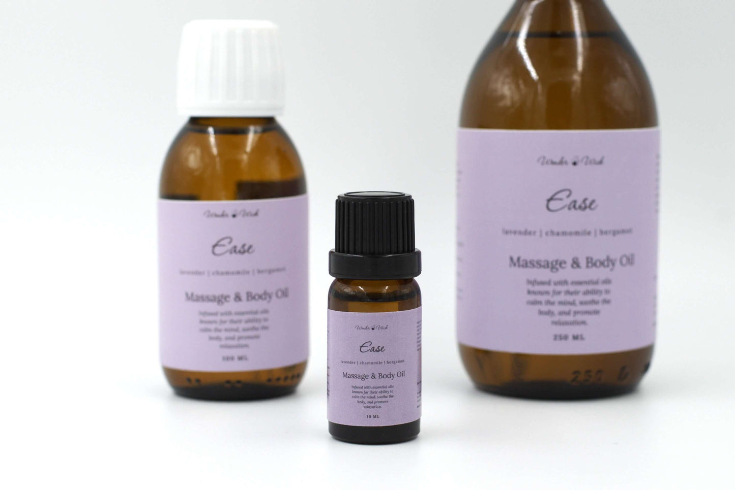 A 10ml bottle of Ease massage oil for sleep, featuring a blend of lavender, chamomile, and bergamot essential oils. Designed to calm the mind, soothe the body, and promote relaxation.