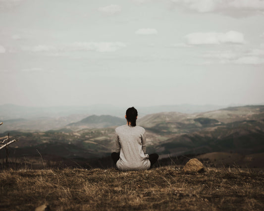 Person practicing mindfulness meditation on a hillside overlooking a vast landscape with mountains and valleys, embodying the calm and focus that mindfulness exercises can bring