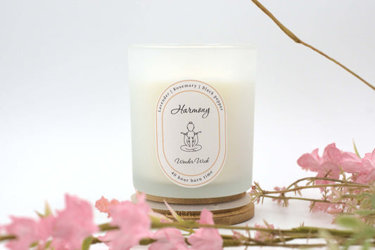 Aromatherapy Candle Harmony, made with pure essential oils lavender, rosemary, black pepper, and coconut & rapeseed wax. 