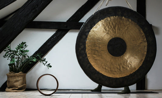 Decorative gong in a serene yoga studio, accompanied by a potted plant, symbolizing the calming atmosphere often associated with meditation practices.