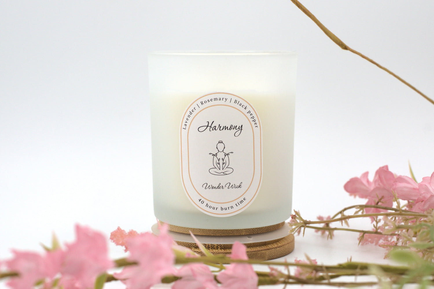 Harmony candle for relaxation made with essential oils lavender, rosemary and black pepper