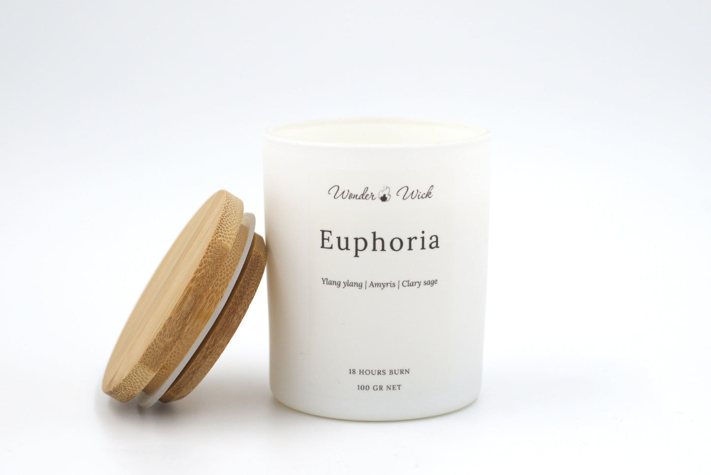 Euphoria candle in 120ml white matte glass jar with bamboo lid off, displaying a floral, romantic scent with ylang ylang, clary sage, and amyris and a 18 hour burn time. 