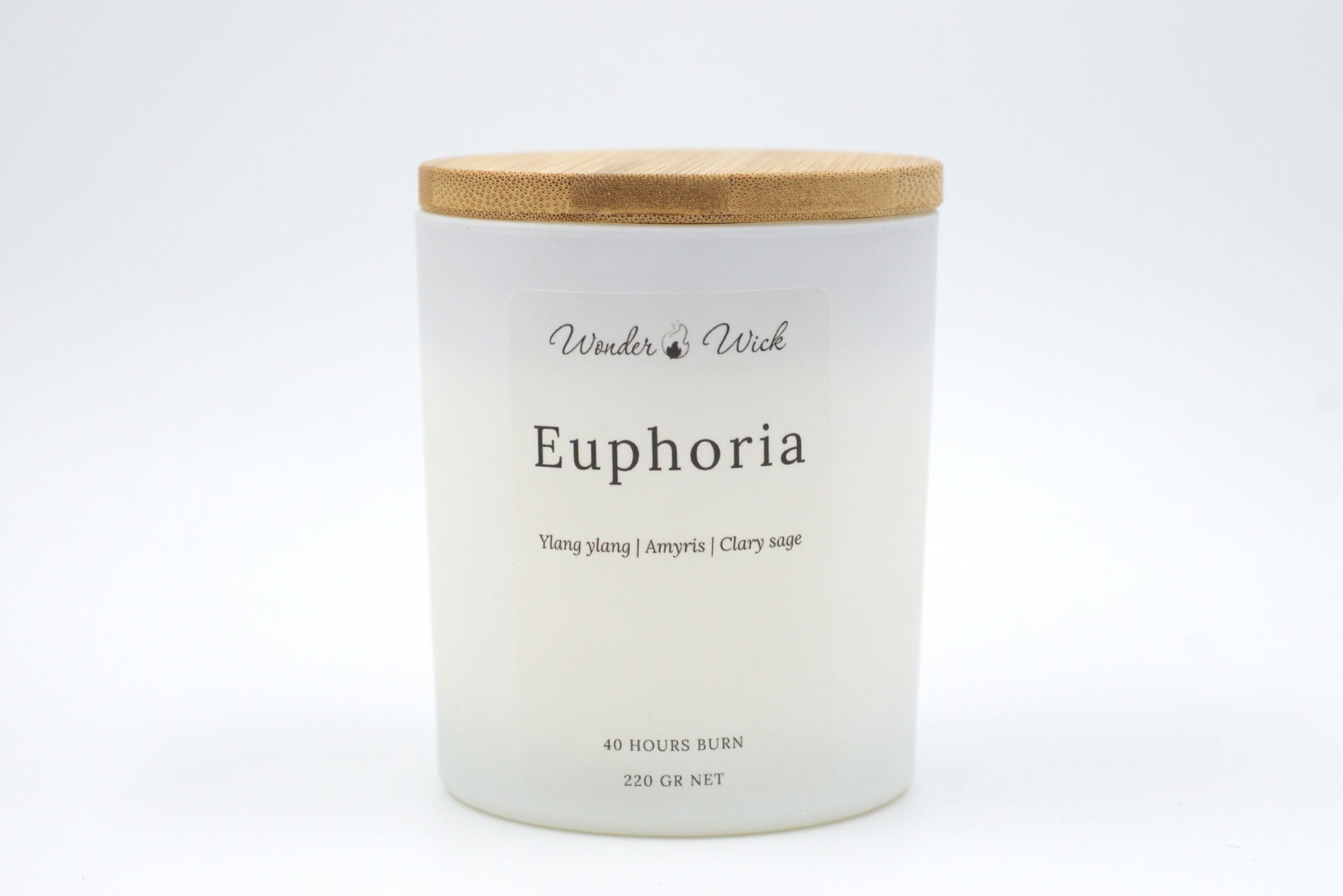 Euphoria candle in 300 ml white matte glass jar with bamboo lid on, a romantic floral candle ideal for relaxation or date night ambiance with a 40 hour burn time. 