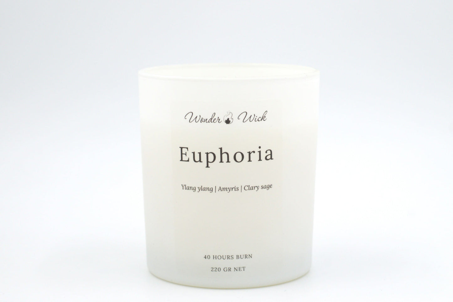 Euphoria 300 ml candle in white matte glass without lid, showcasing a warm floral scent profile with ylang ylang, clary sage, and amyris essential oils.