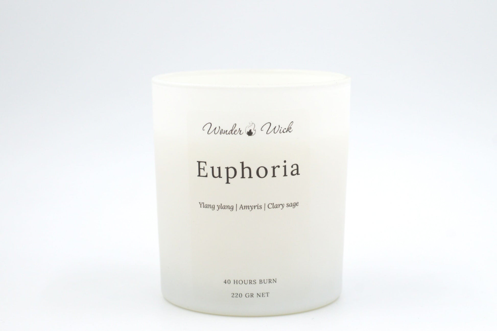 Euphoria 300 ml candle in white matte glass without lid, showcasing a warm floral scent profile with ylang ylang, clary sage, and amyris essential oils.